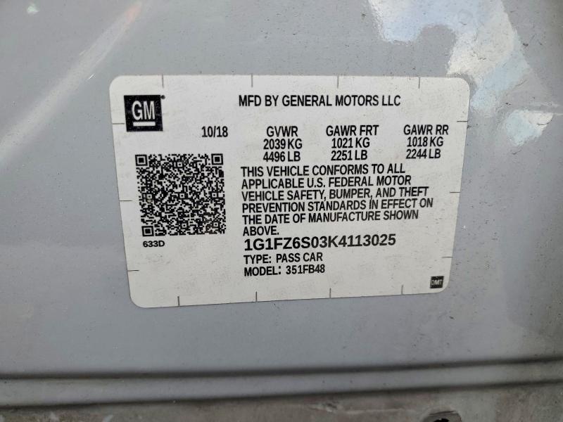 67494006 :رقم المزاد ، 1G1FZ6S03K4113025 vin ، 2019 Chevrolet Bolt Ev مزاد بيع