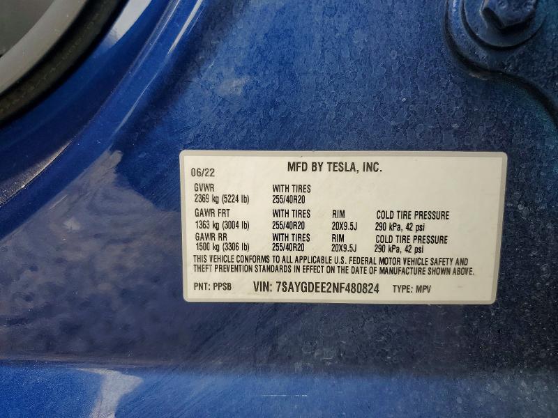2022 Tesla Model Y მანქანა იყიდება აუქციონზე, vin: 7SAYGDEE2NF480824, აუქციონის ნომერი: 69150916