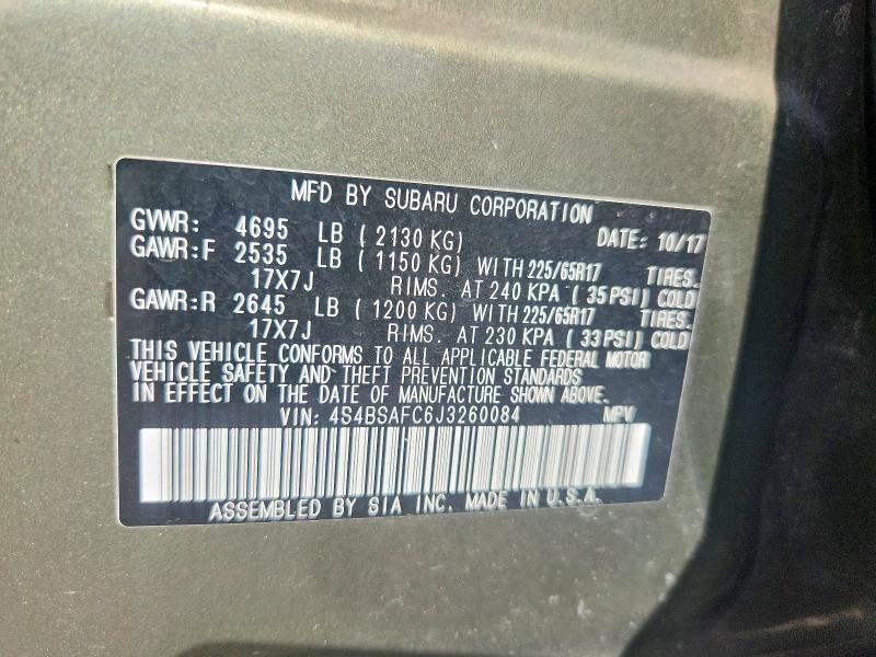 Aukcja sprzedaży 2018 Subaru Outback, vin: 4S4BSAFC6J3260084, numer aukcji: 68742486
