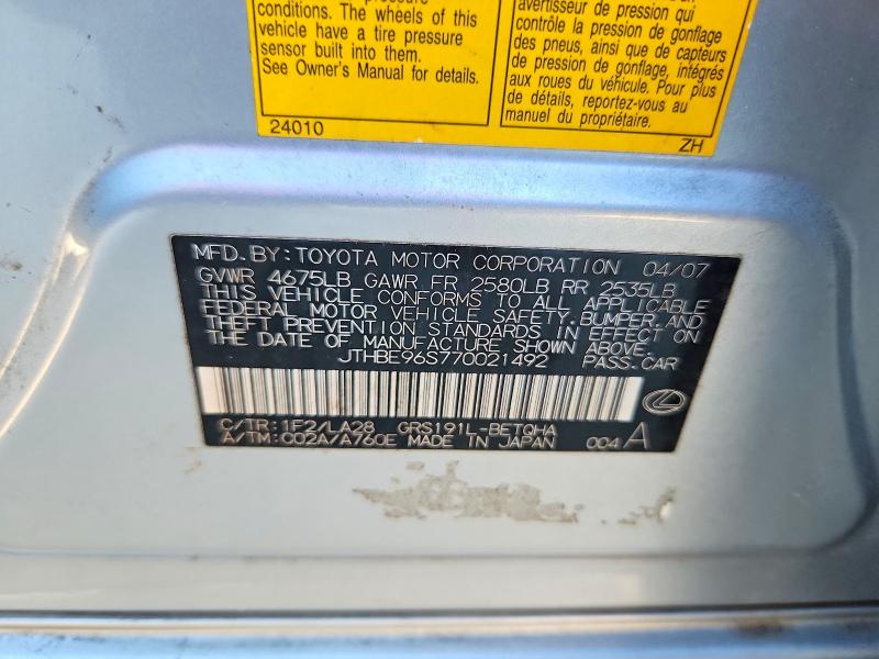 2007 Lexus Gs მანქანა იყიდება აუქციონზე, vin: JTHBE96S770021492, აუქციონის ნომერი: 70691316