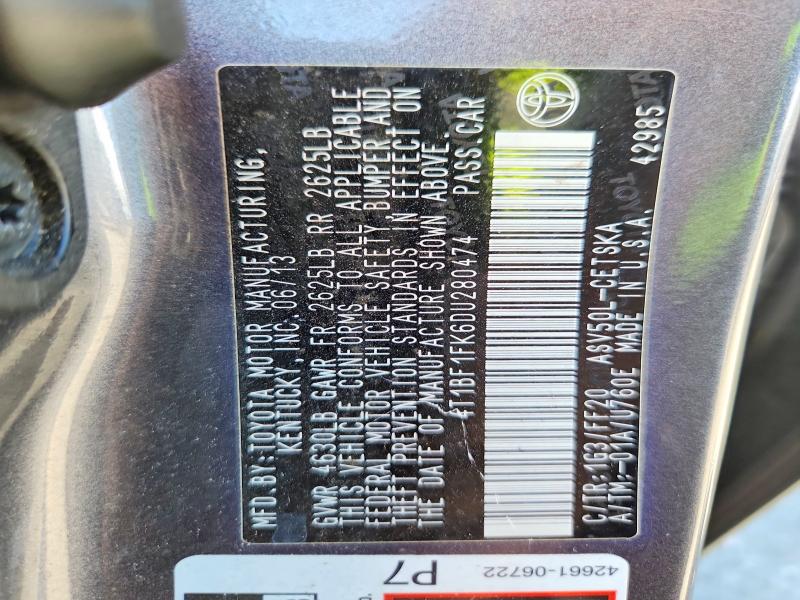 70460176 :رقم المزاد ، 4T1BF1FK6DU280474 vin ، 2013 Toyota Camry مزاد بيع