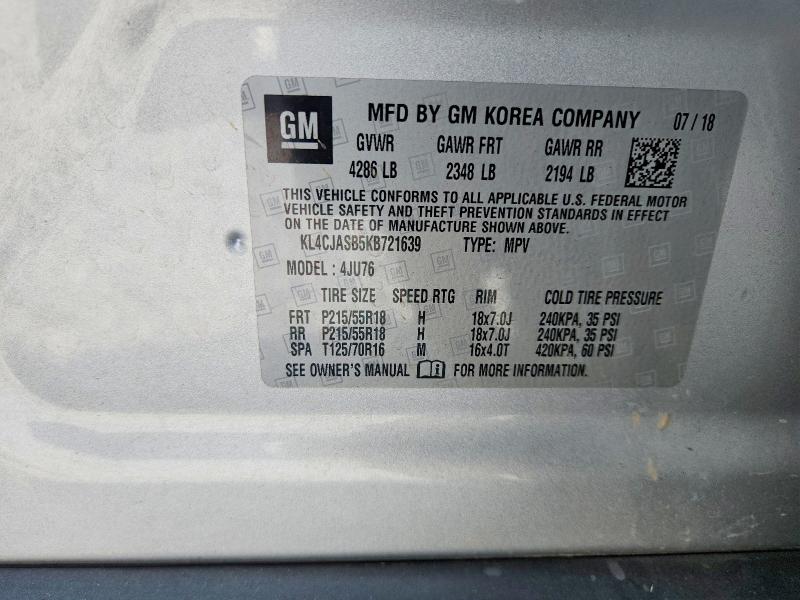2019 Buick Encore მანქანა იყიდება აუქციონზე, vin: KL4CJASB5KB721639, აუქციონის ნომერი: 69734836