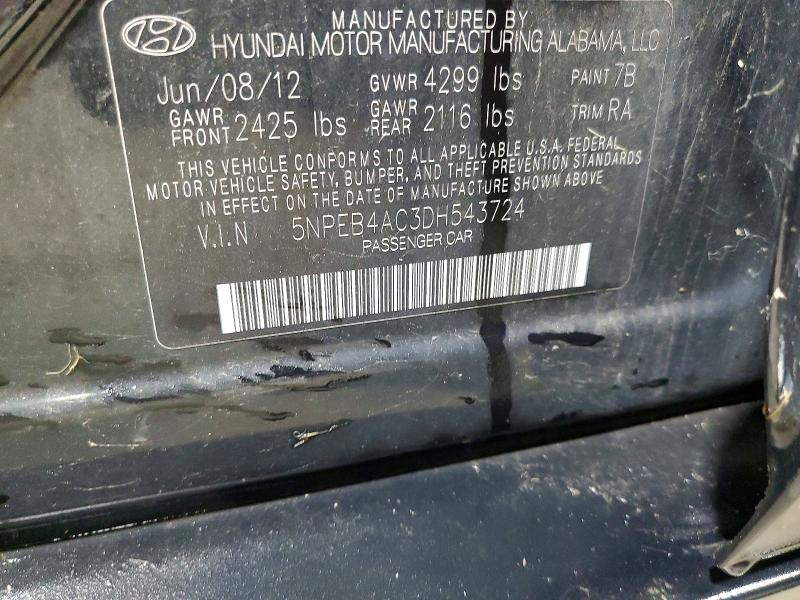 69189806 :رقم المزاد ، 5NPEB4AC3DH543724 vin ، 2013 Hyundai Sonata مزاد بيع