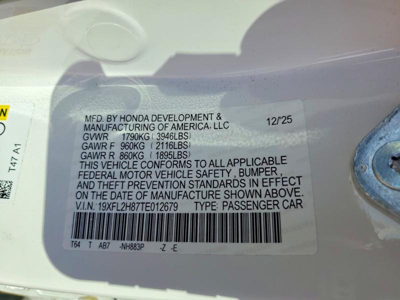 2026 Honda Civic მანქანა იყიდება აუქციონზე, vin: 19XFL2H87TE012679, აუქციონის ნომერი: 69090946