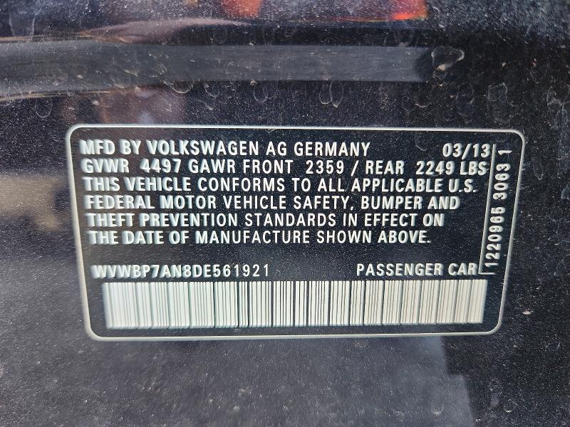 Auction sale of the 2013 Volkswagen Cc, vin: WVWBP7AN8DE561921, lot number: 70647816
