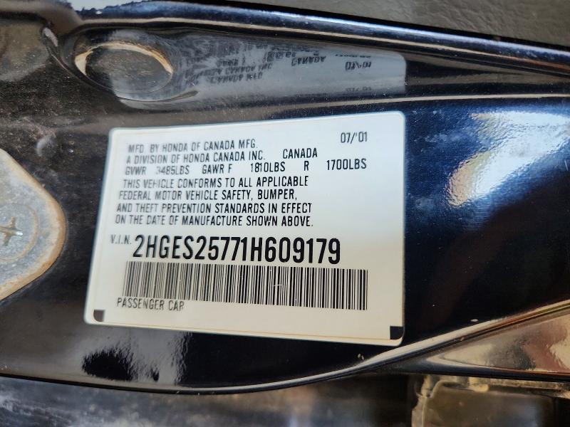 2001 Honda Civic მანქანა იყიდება აუქციონზე, vin: 2HGES25771H609179, აუქციონის ნომერი: 68077156