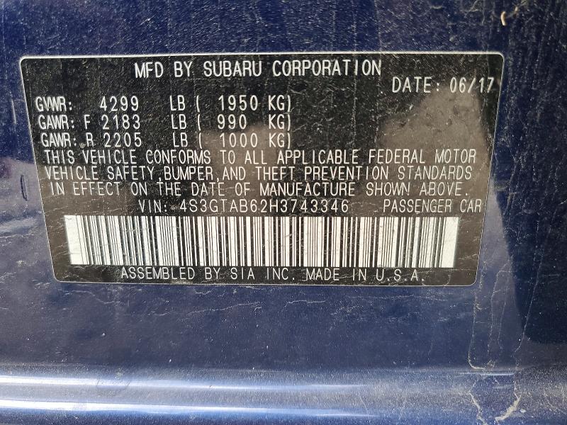 2017 Subaru Impreza მანქანა იყიდება აუქციონზე, vin: 4S3GTAB62H3743346, აუქციონის ნომერი: 68592996