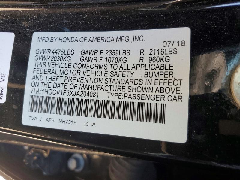 Продаж на аукціоні авто 2018 Honda Accord, vin: 1HGCV1F3XJA204081, номер лоту: 67336556