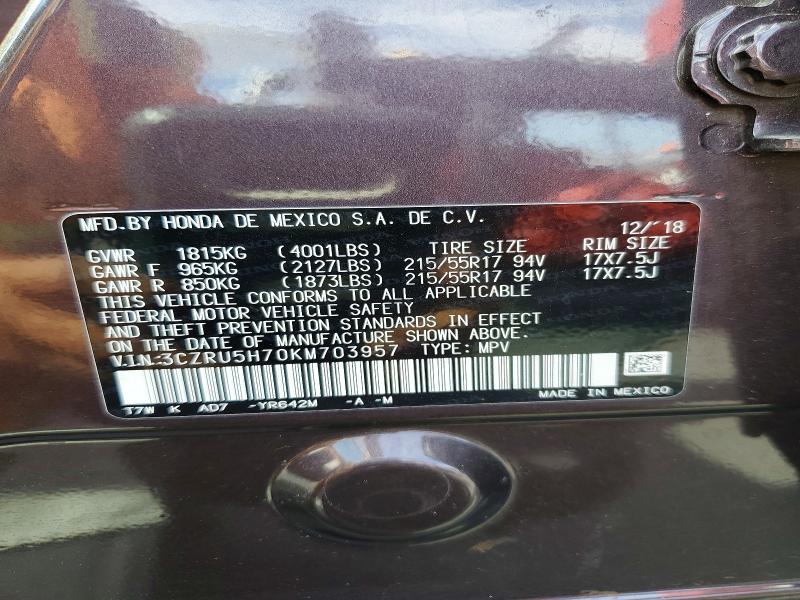 Продаж на аукціоні авто 2019 Honda Hr-v, vin: 3CZRU5H70KM703957, номер лоту: 70160276