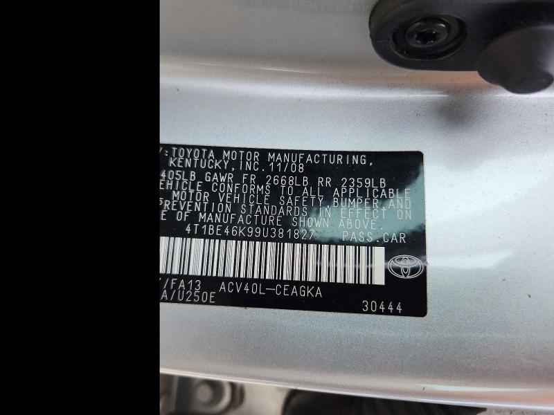 2009 Toyota Camry მანქანა იყიდება აუქციონზე, vin: 4T1BE46K99U381827, აუქციონის ნომერი: 67445586