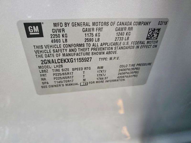 68899176 :رقم المزاد ، 2GNALCEKXG1155927 vin ، 2016 Chevrolet Equinox مزاد بيع