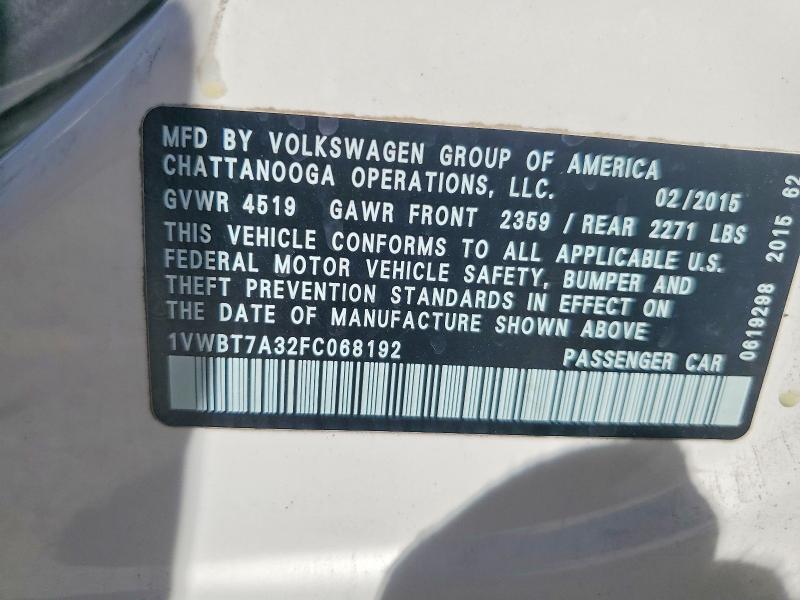 68249366 :رقم المزاد ، 1VWBT7A32FC068192 vin ، 2015 Volkswagen Passat مزاد بيع