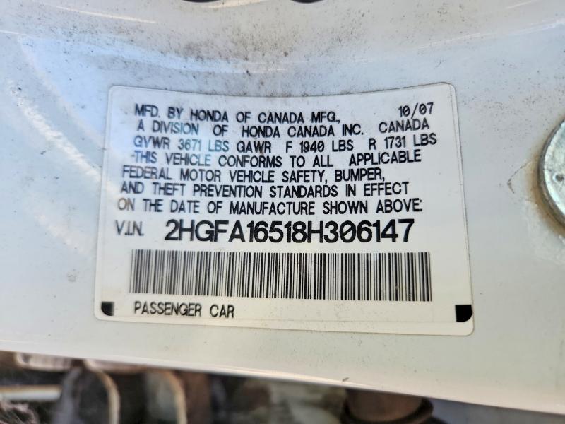 67495506 :رقم المزاد ، 2HGFA16518H306147 vin ، 2008 Honda Civic مزاد بيع
