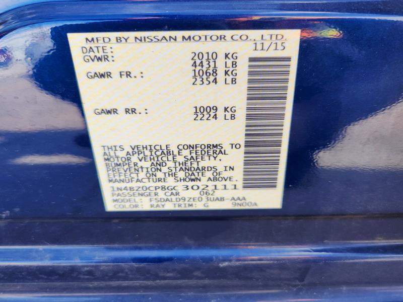 2016 Nissan Leaf მანქანა იყიდება აუქციონზე, vin: 1N4BZ0CP8GC302111, აუქციონის ნომერი: 70274316