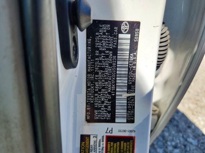 2012 Toyota Camry მანქანა იყიდება აუქციონზე, vin: 4T1BK1FK0CU508236, აუქციონის ნომერი: 68169296