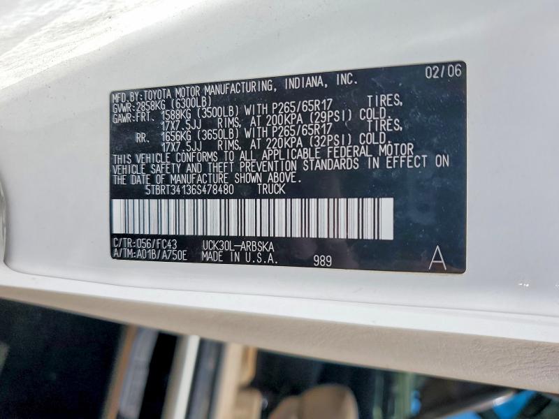 2006 Toyota Tundra მანქანა იყიდება აუქციონზე, vin: 5TBRT34136S478480, აუქციონის ნომერი: 68255026