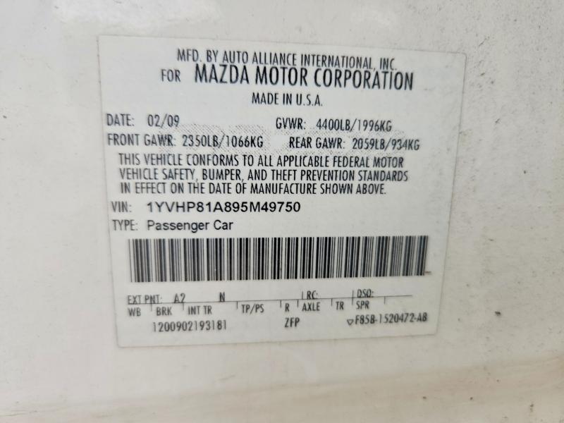 2009 Mazda 6 მანქანა იყიდება აუქციონზე, vin: 1YVHP81A895M49750, აუქციონის ნომერი: 68252186