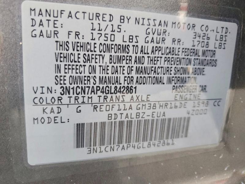 2016 Nissan Versa მანქანა იყიდება აუქციონზე, vin: 3N1CN7AP4GL842861, აუქციონის ნომერი: 67563346