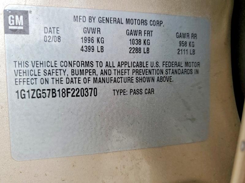 2008 Chevrolet Malibu მანქანა იყიდება აუქციონზე, vin: 1G1ZG57B18F220370, აუქციონის ნომერი: 70279356