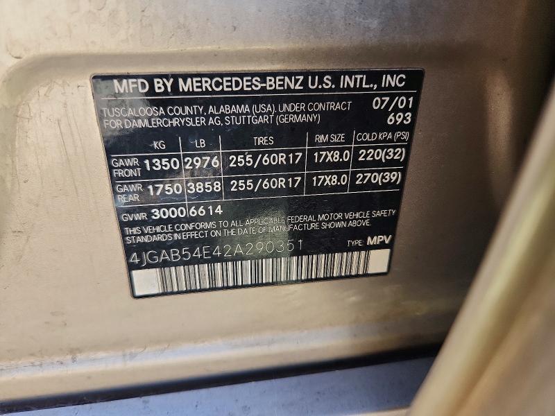 68534416 :رقم المزاد ، 4JGAB54E42A290351 vin ، 2002 Mercedes-benz Ml مزاد بيع