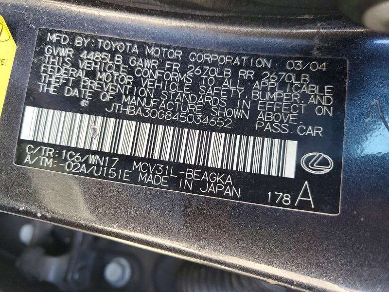 70501296 :رقم المزاد ، JTHBA30G845034652 vin ، 2004 Lexus Es مزاد بيع