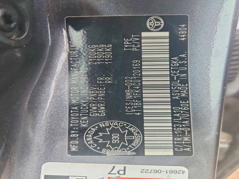 68063066 :رقم المزاد ، 4T1BF1FK4CU120169 vin ، 2012 Toyota Camry مزاد بيع