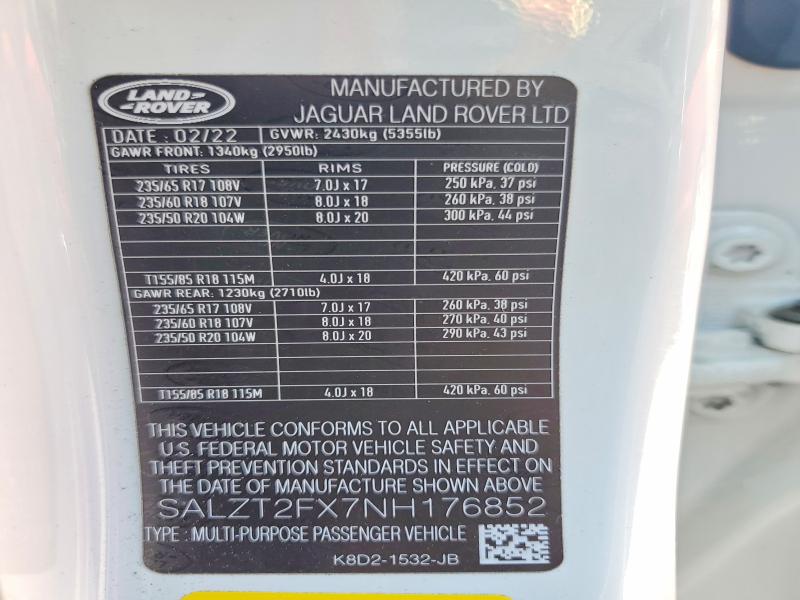 2022 Land Rover Range Rover Evoque მანქანა იყიდება აუქციონზე, vin: SALZT2FX7NH176852, აუქციონის ნომერი: 68109866