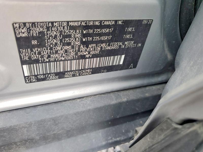 2021 Toyota Rav4 მანქანა იყიდება აუქციონზე, vin: 2T3W1RFV5MW106511, აუქციონის ნომერი: 70839456