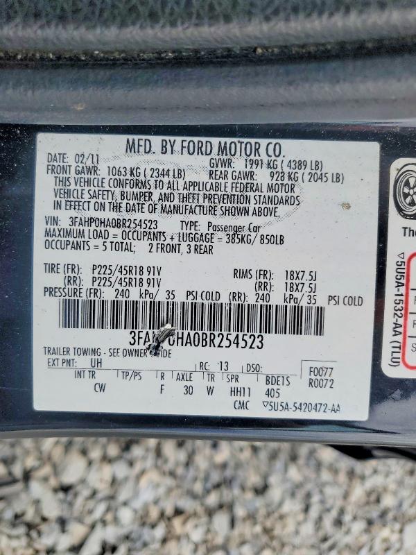 69684796 :رقم المزاد ، 3FAHP0HA0BR254523 vin ، 2011 Ford Fusion مزاد بيع