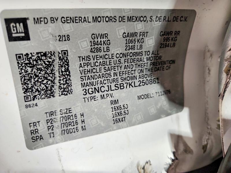 2019 Chevrolet Trax მანქანა იყიდება აუქციონზე, vin: 3GNCJLSB7KL250861, აუქციონის ნომერი: 68689966