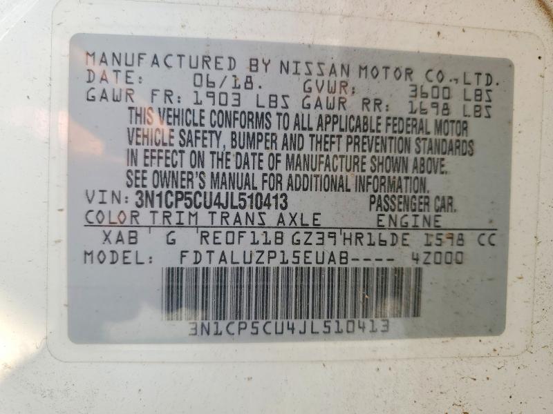 2018 Nissan Kicks მანქანა იყიდება აუქციონზე, vin: 3N1CP5CU4JL510413, აუქციონის ნომერი: 70852806