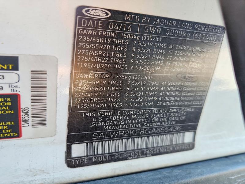 Aukcja sprzedaży 2016 Land Rover Range Rover Sport, vin: SALWR2KF8GA655436, numer aukcji: 67302286