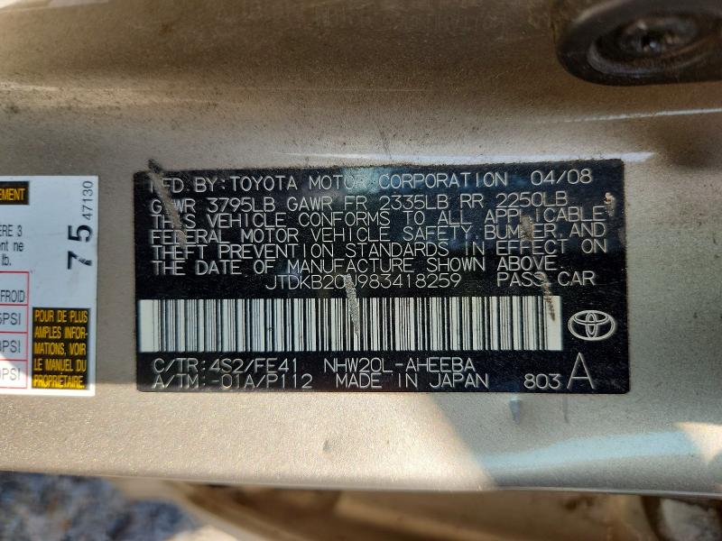 Aukcja sprzedaży 2008 Toyota Prius, vin: JTDKB20U983418259, numer aukcji: 68990926