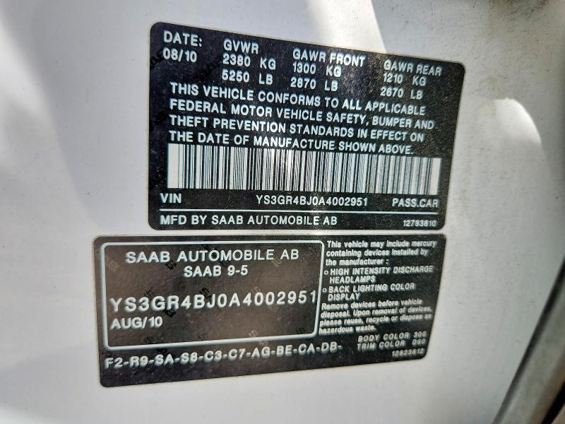 Aukcja sprzedaży 2010 Saab 9-5, vin: YS3GR4BJ0A4002951, numer aukcji: 69171916