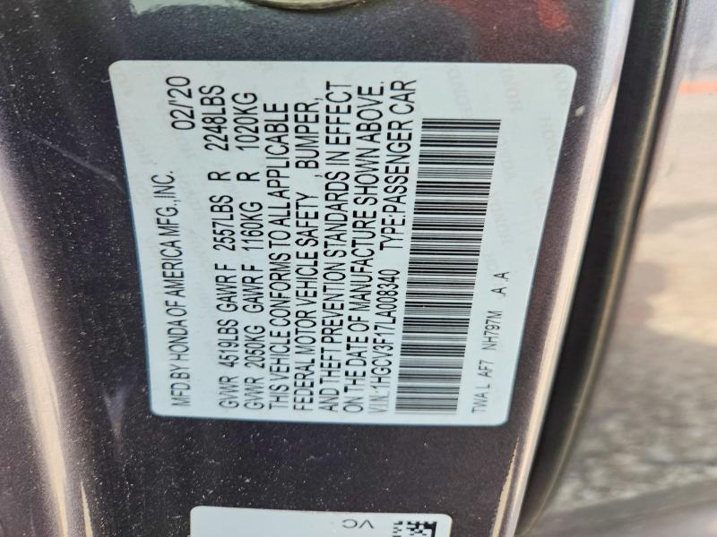 68045546 :رقم المزاد ، 1HGCV3F17LA008340 vin ، 2020 Honda Accord مزاد بيع