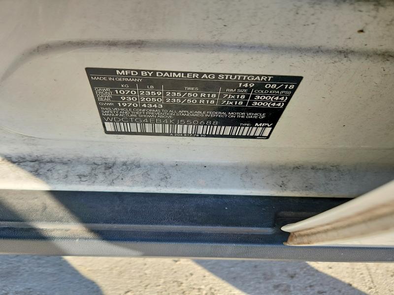 66829436 :رقم المزاد ، WDCTG4EB4KJ550688 vin ، 2019 Mercedes-benz Gla مزاد بيع