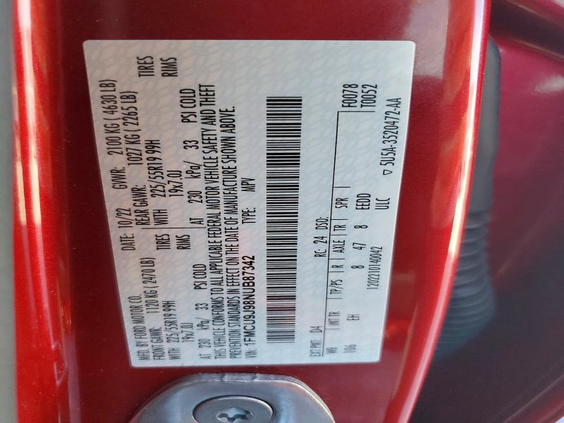 Продаж на аукціоні авто 2022 Ford Escape, vin: 1FMCU9J98NUB87342, номер лоту: 68659356