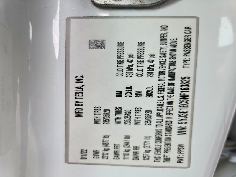 67017456 :رقم المزاد ، 5YJ3E1EC5NF163825 vin ، 2022 Tesla Model 3 مزاد بيع