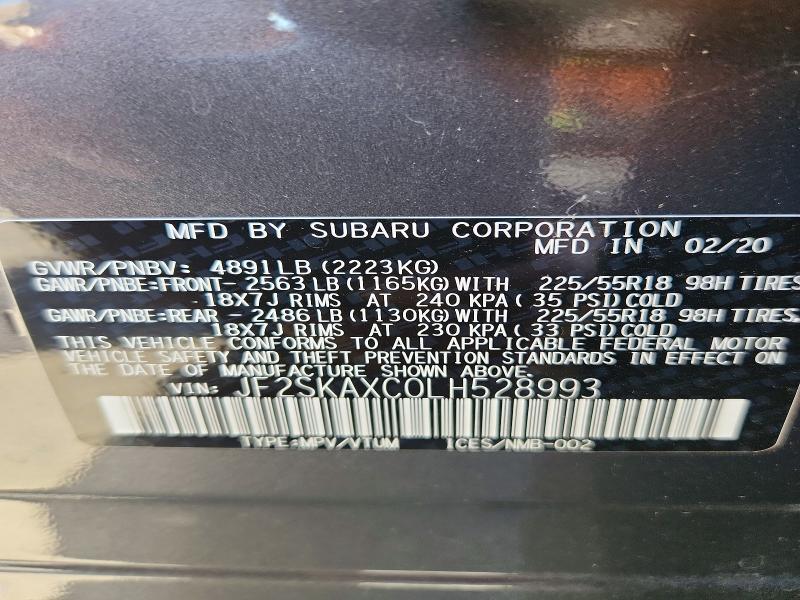 2020 Subaru Forester მანქანა იყიდება აუქციონზე, vin: JF2SKAXC0LH528993, აუქციონის ნომერი: 70816266