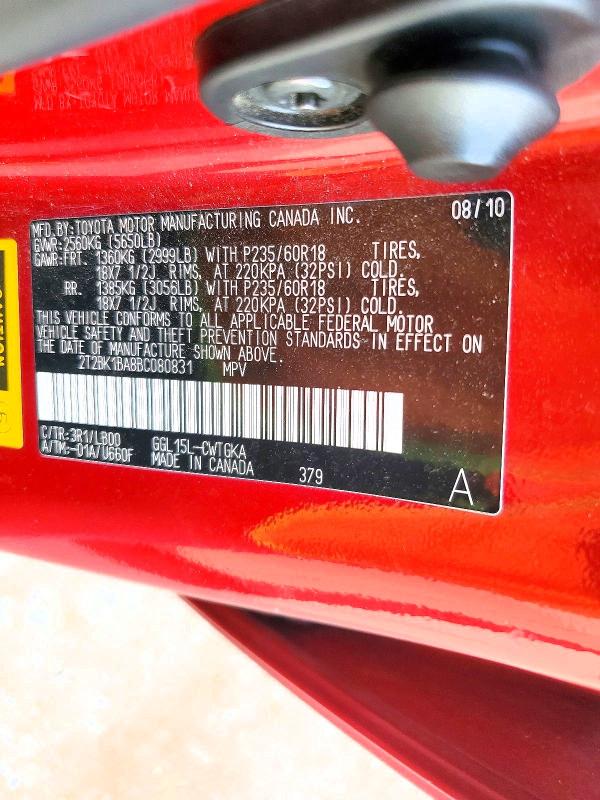 2011 Lexus Rx მანქანა იყიდება აუქციონზე, vin: 2T2BK1BA8BC080831, აუქციონის ნომერი: 69052886