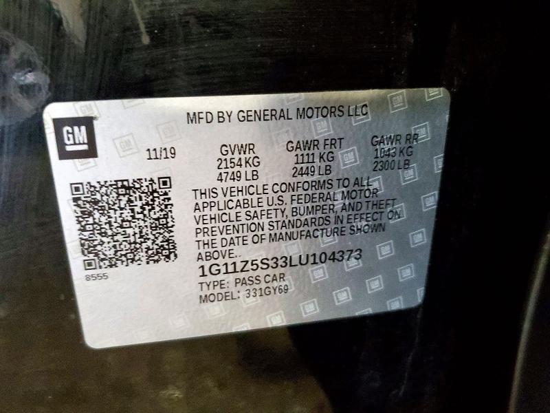 68646796 :رقم المزاد ، 1G11Z5S33LU104373 vin ، 2020 Chevrolet Impala مزاد بيع