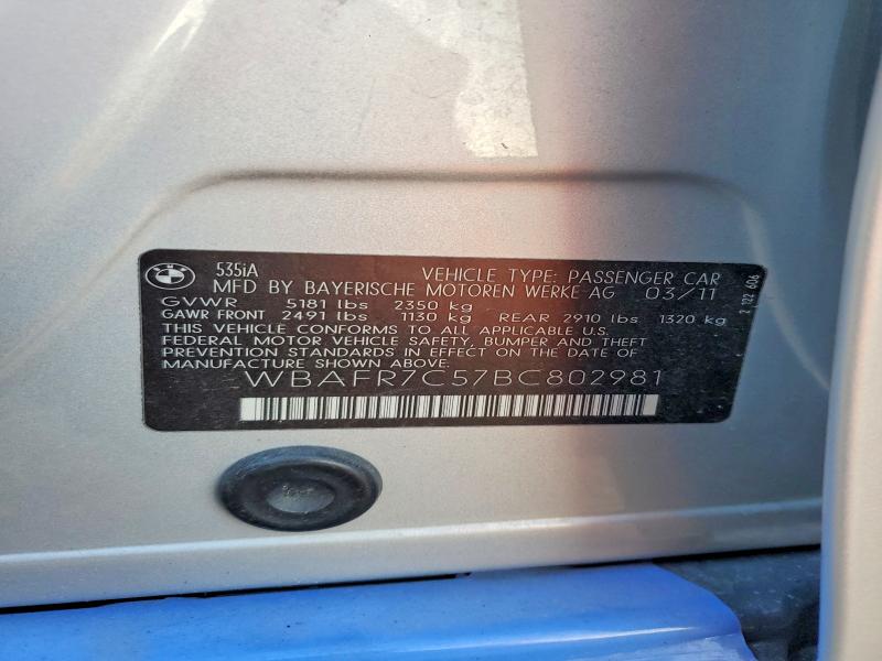 2011 Bmw 535 მანქანა იყიდება აუქციონზე, vin: WBAFR7C57BC802981, აუქციონის ნომერი: 69155706