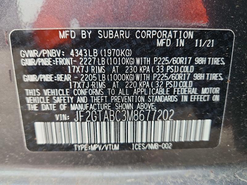 2021 Subaru Crosstrek მანქანა იყიდება აუქციონზე, vin: JF2GTABC3M8677202, აუქციონის ნომერი: 66599596