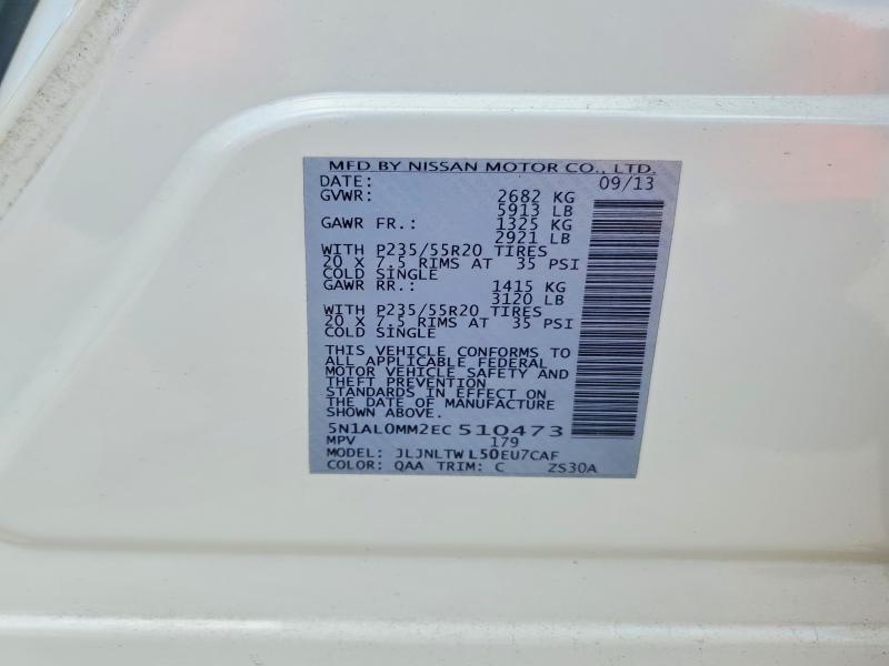70423686 :رقم المزاد ، 5N1AL0MM2EC510473 vin ، 2014 Infiniti Qx60 مزاد بيع