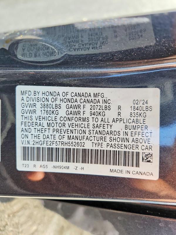 Auction sale of the 2024 Honda Civic, vin: 2HGFE2F57RH552602        , lot number: 68967676