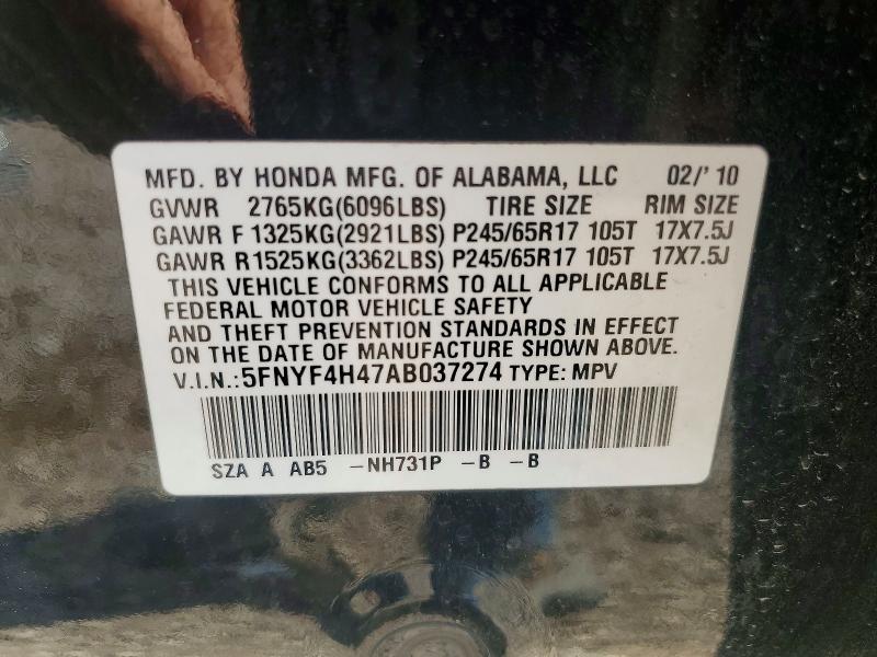 2010 Honda Pilot მანქანა იყიდება აუქციონზე, vin: 5FNYF4H47AB037274, აუქციონის ნომერი: 71000396