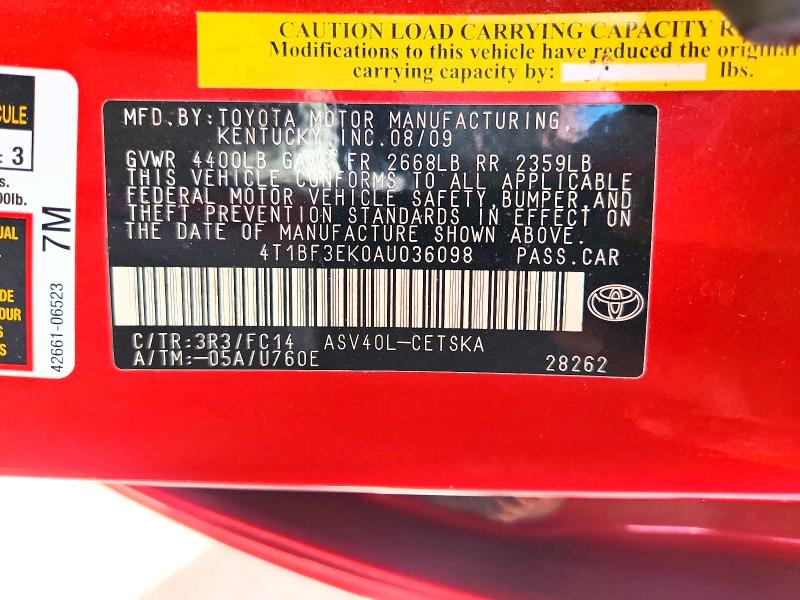 2010 Toyota Camry მანქანა იყიდება აუქციონზე, vin: 4T1BF3EK0AU036098, აუქციონის ნომერი: 68849236