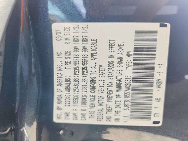 69419446 :رقم المزاد ، 5J8TB18557A020313 vin ، 2007 Acura Rdx مزاد بيع