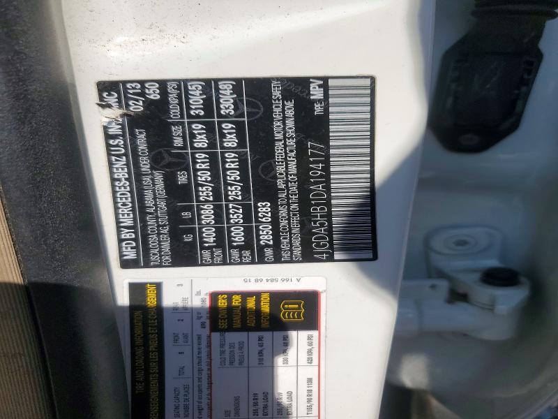 68995886 :رقم المزاد ، 4JGDA5HB1DA194177         vin ، 2013 Mercedes-benz Ml مزاد بيع