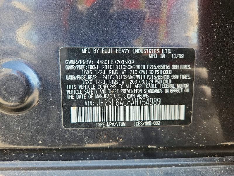 2010 Subaru Forester მანქანა იყიდება აუქციონზე, vin: JF2SH6AC8AH754989, აუქციონის ნომერი: 69305926
